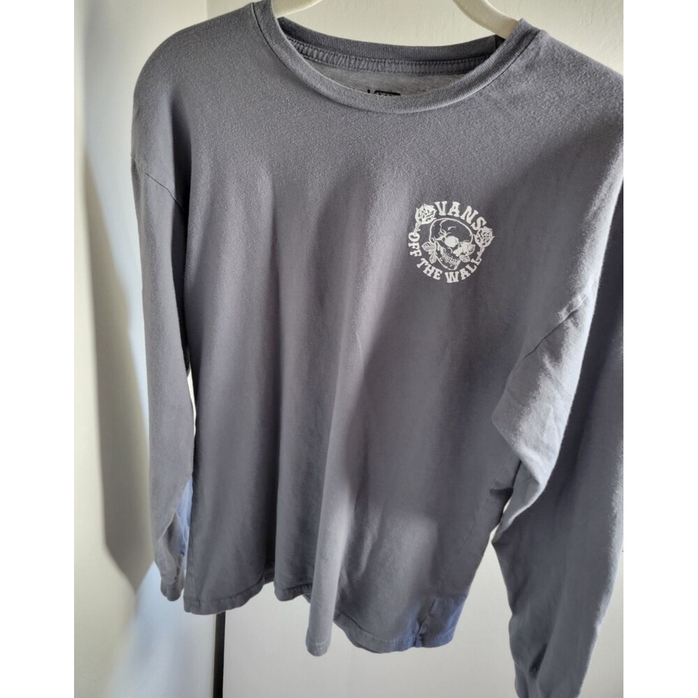 Mens Van Off The Wall Skull Roses Long Sleeve T Shirt Gray Medium